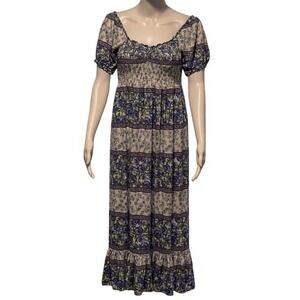 Just Found‎ Purple Blue Floral Smocked Maxi Dress Puff Sleeve Size Medium